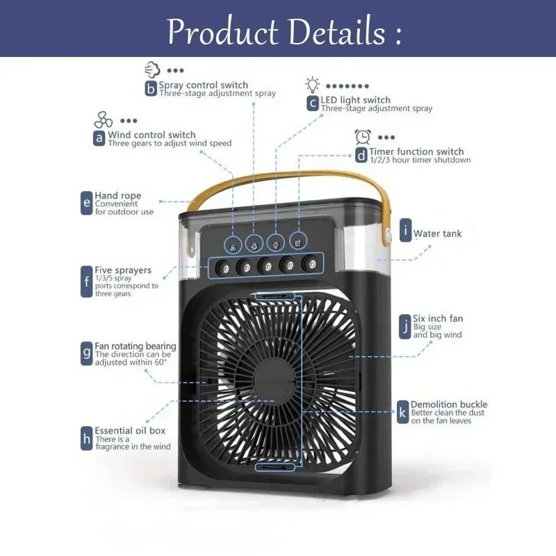 Portable 3-in-1 Cooling Fan - Misting, LED Light & Instant Chill